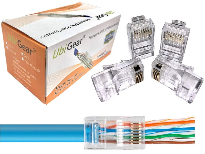 UbiGear 100 Pcs CAT6 RJ45 Pass Through 23 AWG Network Cable Modular Gold-Plated Plug 8P8C Connector End - Image 1